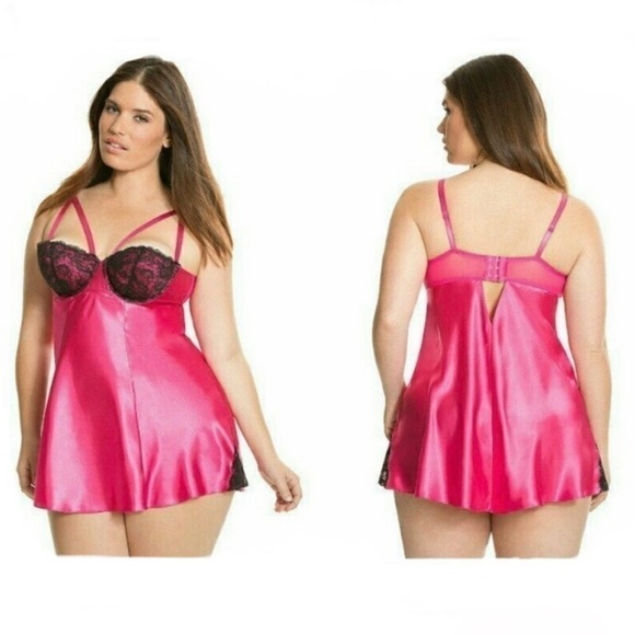 Cacique Other - Cacique hot pink black lace babydoll chemise